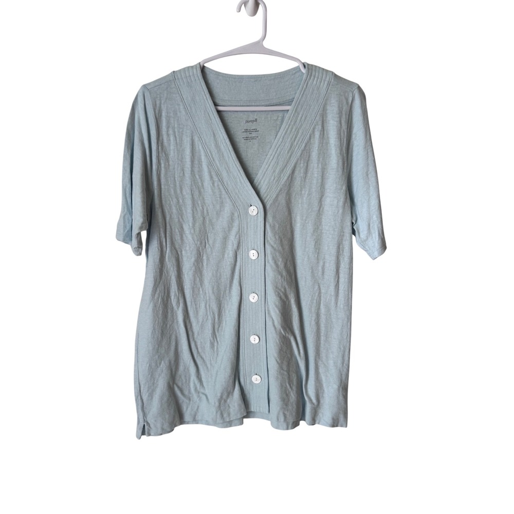 Pure Jill Hemp & Cotton Button Front Top Light Blue Short Sleeve Cardigan M